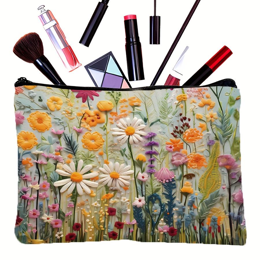 Floral Travel Cosmetic Bag (2D Flat Non-Embroidery) Fashionable Style Zipper Cosmetic Storage Bag, Portable Multi-Function Case