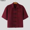 INCERUN Summer Men Lapel Neck Short Sleeve Vintage Knot Casual Shirts Tops