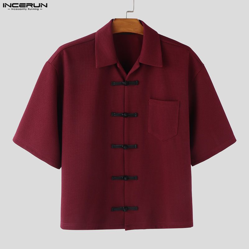 INCERUN Summer Men Lapel Neck Short Sleeve Vintage Knot Casual Shirts Tops