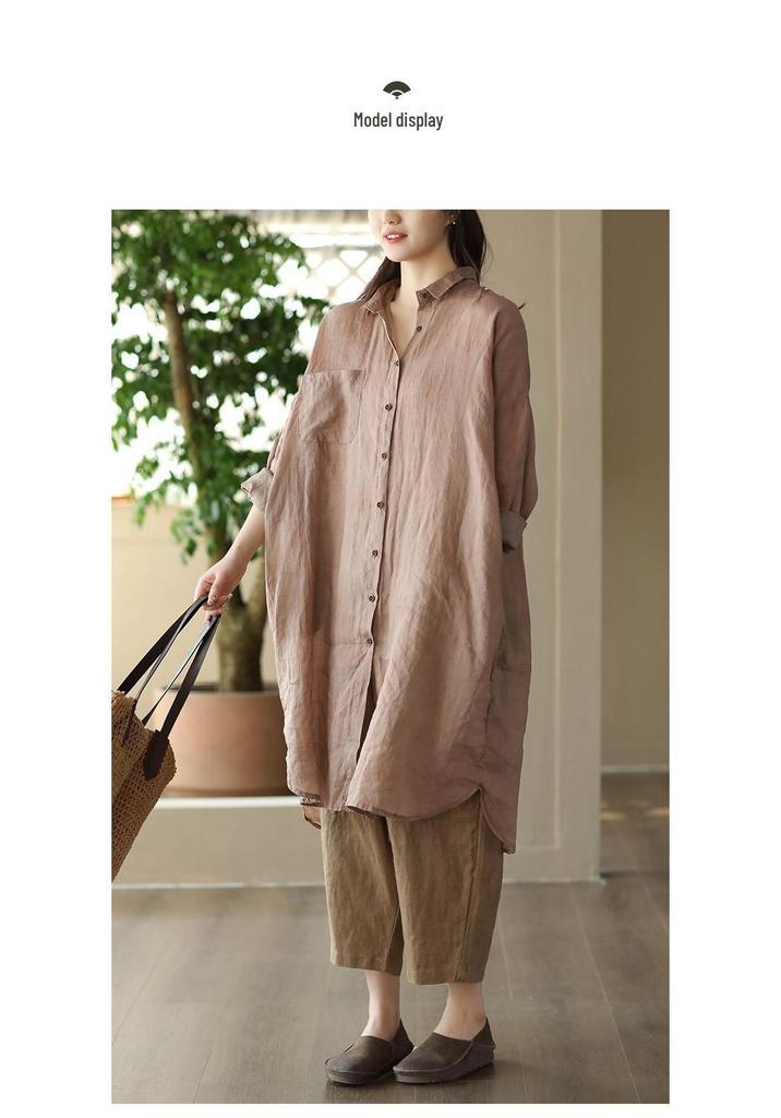 2026 Spring Women's Retro Cotton Linen Dark Pattern Mid-Length Cardigan Shirt