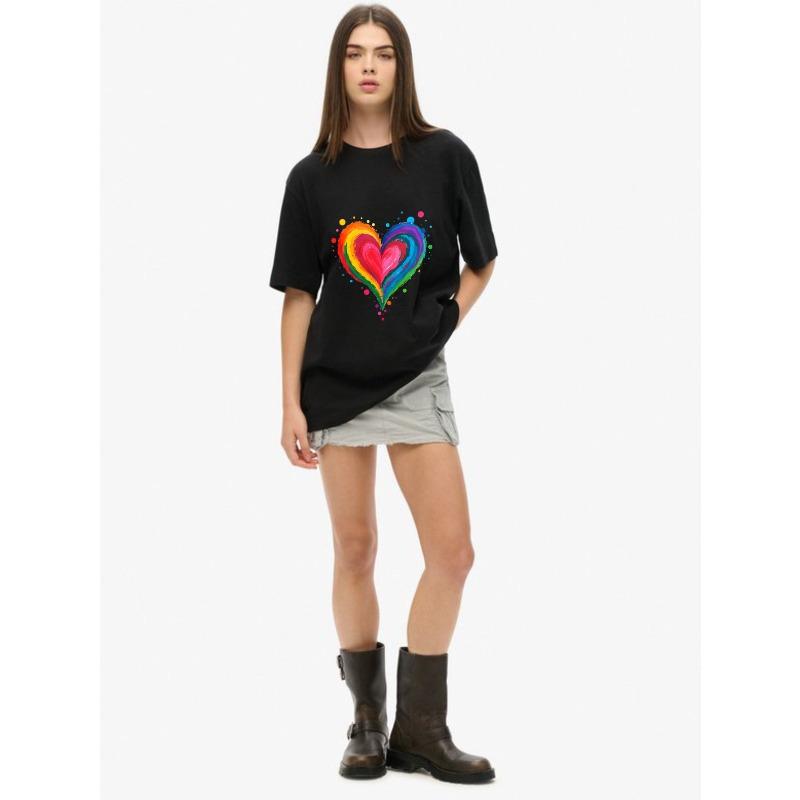 Oversize Women's Short-Sleeve T-Shirt with Rainbow Brushstroke Heart and Colorful Ink Spot Print