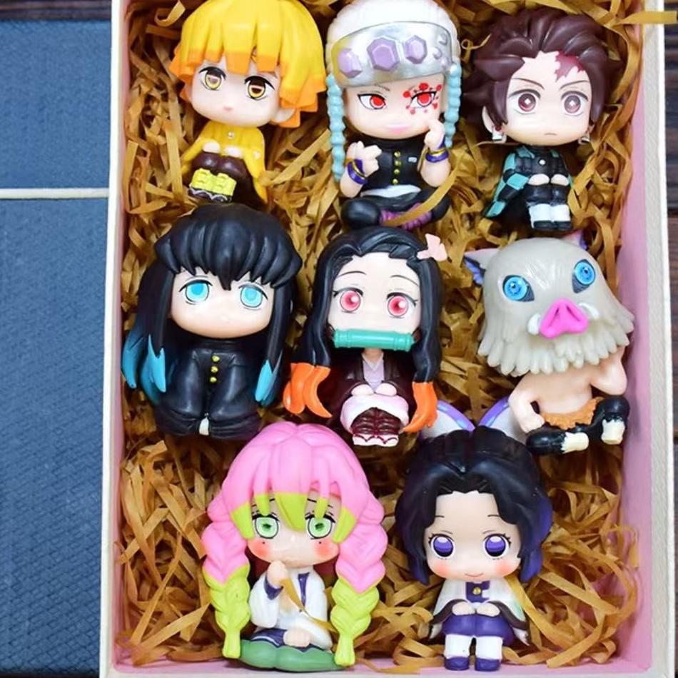 8Pcs Q Version Demon Slayer Toy Sitting Ghost Dolls Of Tanjiro Nishimura Inosuke Zenitsu - Pvc Figurines Collectible Model Gift