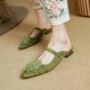 Fashion NEW Summer Women Mules Sheep Suede Leather Shoes for Women Square Toe Low Heel Slippers Cover Toe Slingback Flower Green Sandals
