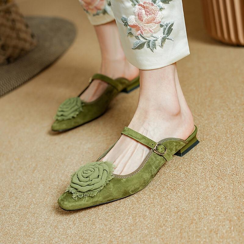 Fashion NEW Summer Women Mules Sheep Suede Leather Shoes for Women Square Toe Low Heel Slippers Cover Toe Slingback Flower Green Sandals
