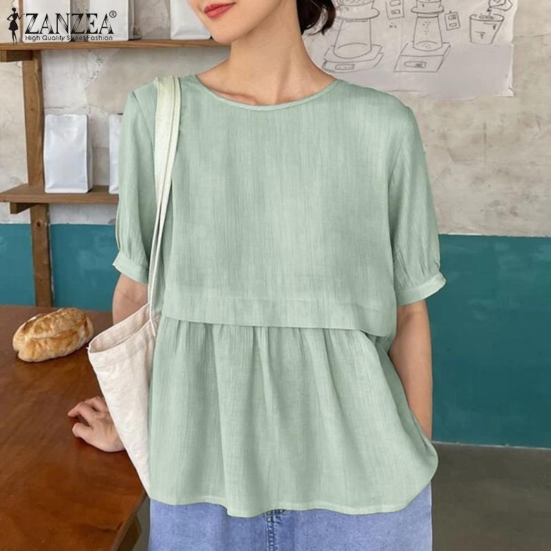 

ZANZEA женская летняя плиссированная однотонная блузка-пуловер трапециевидной формы с круглым вырезом и короткими рукавами