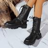 Fashion Fashion Belt Buckle Platform Mid Calf Boots Women Black Zipper Thick Sole Motorcycle Boots Woman Punk Pu Leather Botas Mujer