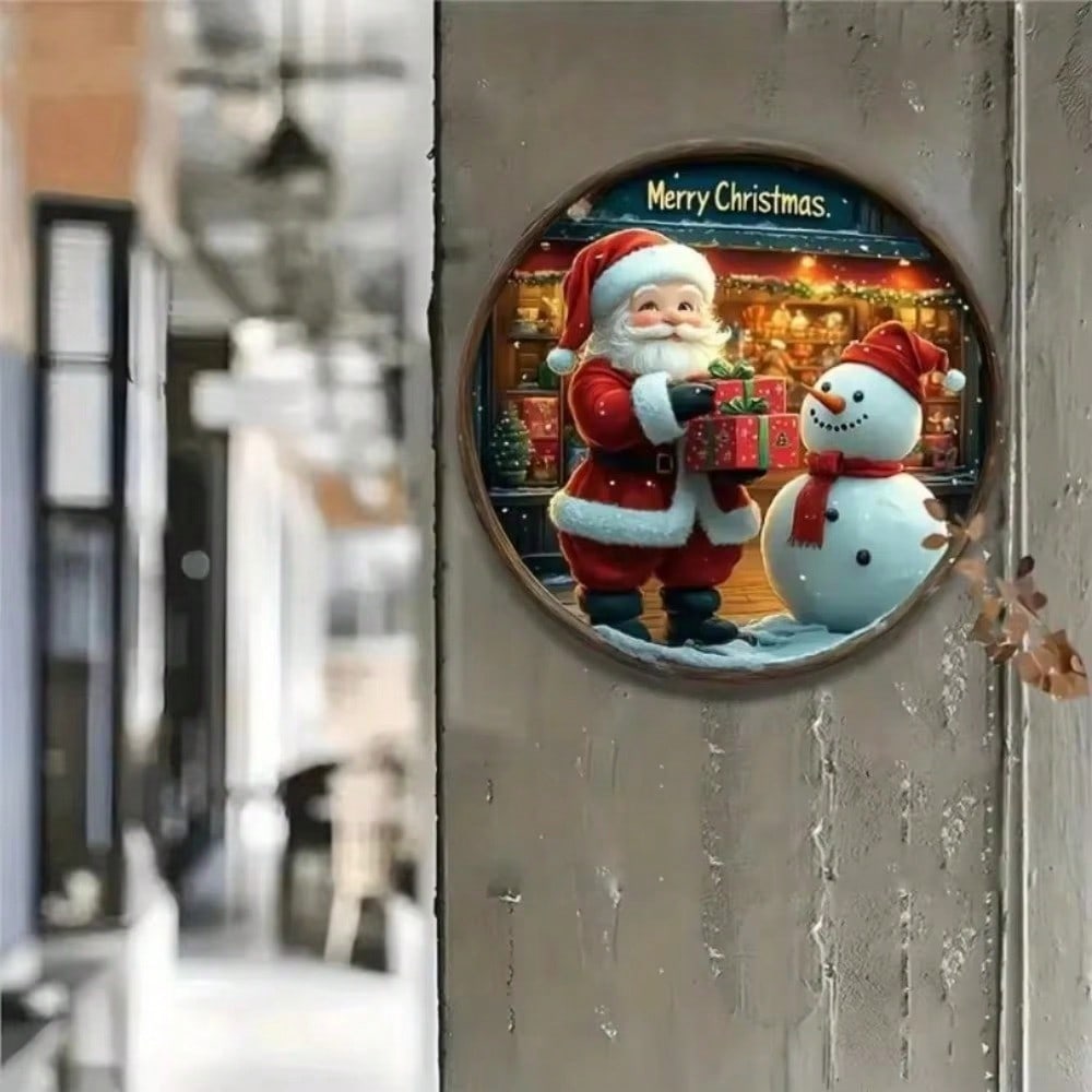 

2D Santa Snowman Round Christmas Tin Sign Retro Metal Poster Wall Art Home Bar Cafe Decor Holiday Gift 20x20