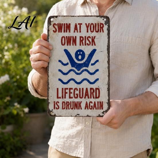 Reflective Metal Warning Sign Swim At Your Own Risk Sign Swimming Pool Rules Weatherproof Lifeguard Is Drunk Again for Safety Weather Resistant