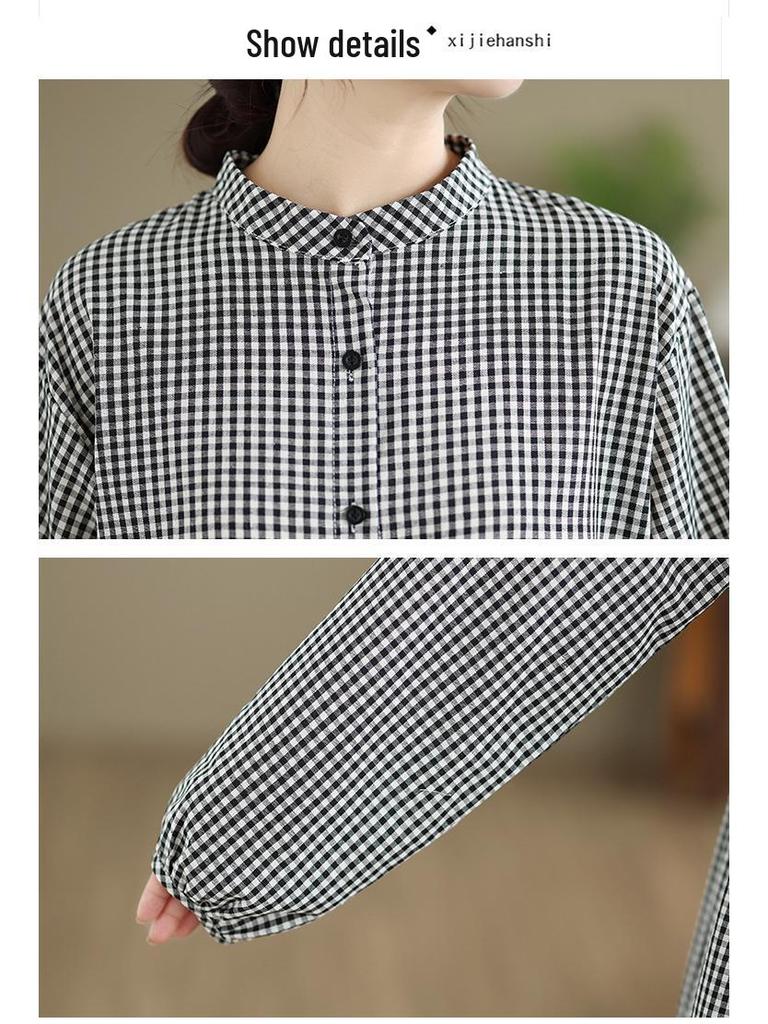 Spring Plaid Linen Dress: Women's Retro Long Sleeve Design Skirt