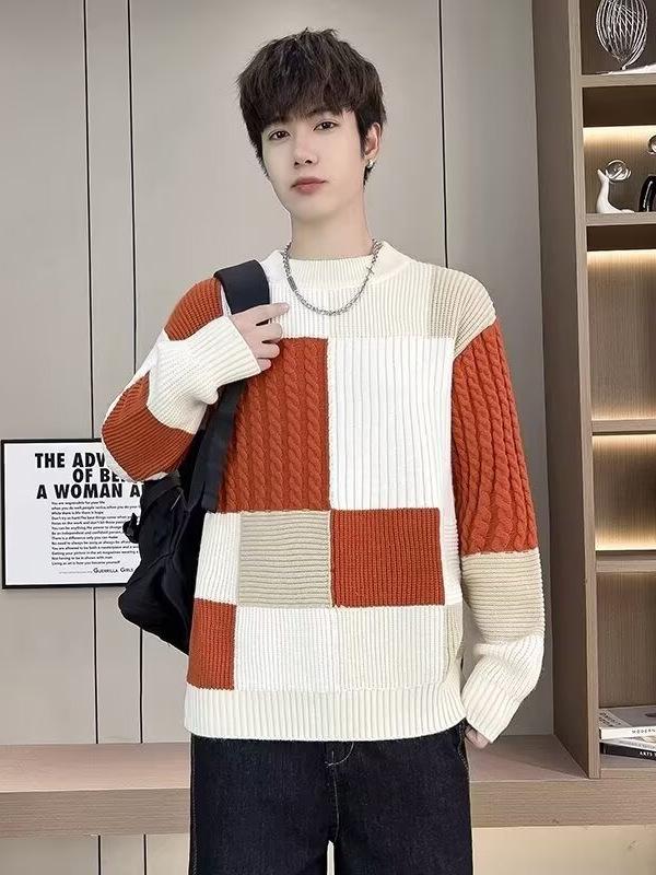 Men's Winter Thickened Color Block Knit Sweater - Warm, Casual, Trendy Fashion