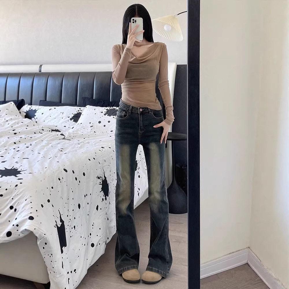 Women s High Waist Retro American Style Jeans - Slim Fit, Micro Flare, Autumn/Winter Trendy Pants Medium