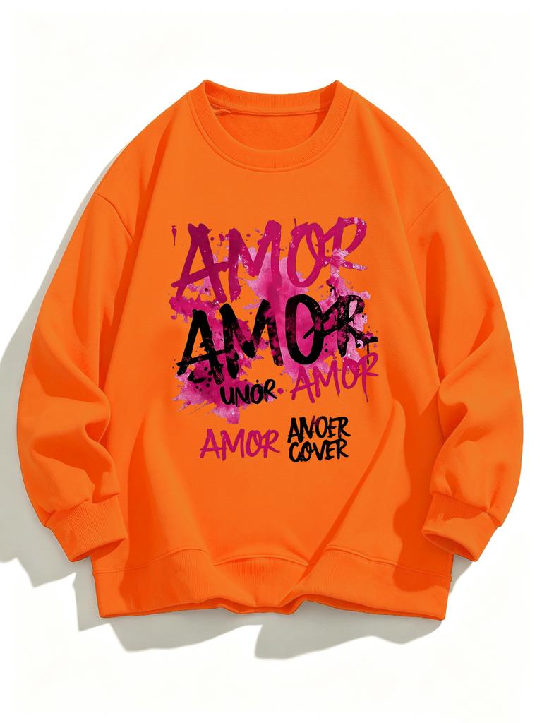 Amor Anoer Cover Printed Woman All-Match Loose Sweatshirt Fleece Casual Pullover Hip Hop Y2K Clothing Autumn Warm Sportswear