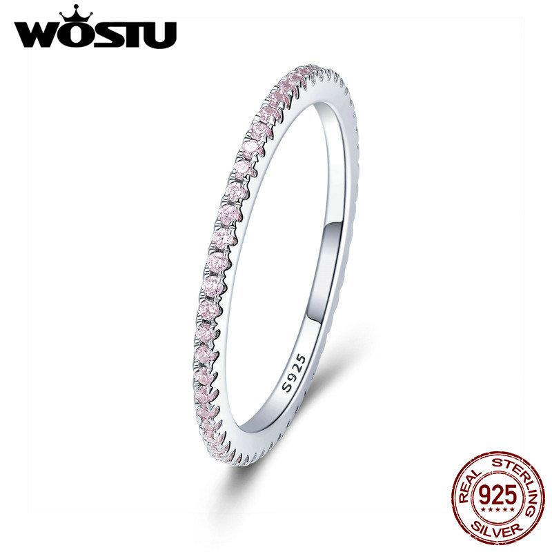 WOSTU Authentic 925 Silver Forever Clear CZ Circle Round Finger Rings Women Wedding Fine Jewelry Gift