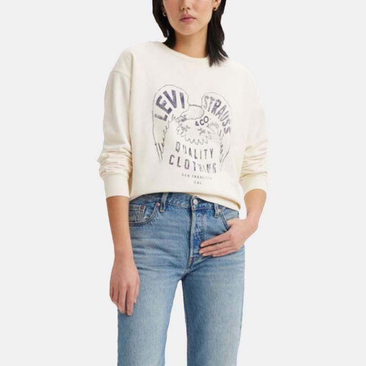 Levis Crew Neck Pullover Logo Embroidery Print Long Sleeve Sweatshirt Women Sweatshirt White A7288-0012
