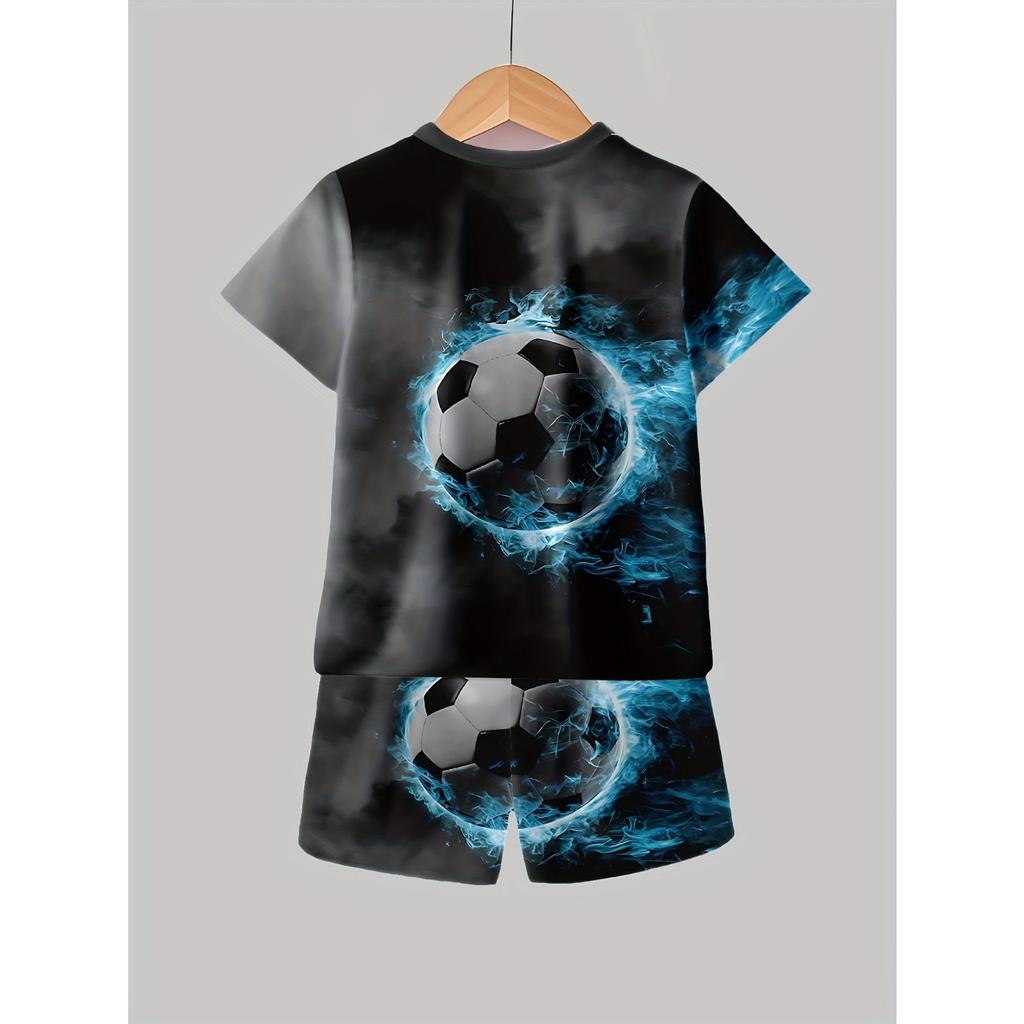 Boys' 3D Soccer Ball Print Casual Outfit - Short Sleeve T-Shirt & Shorts Set, Lightweight Polyester, Black & Blue Design