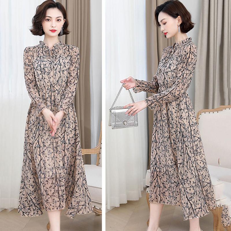 Damen Frühling Sommer und Herbst Vier Jahreszeiten Modelle Slim Dünn Temperament Rüschenkragen Chiffon Druckkleid Langarmkleider