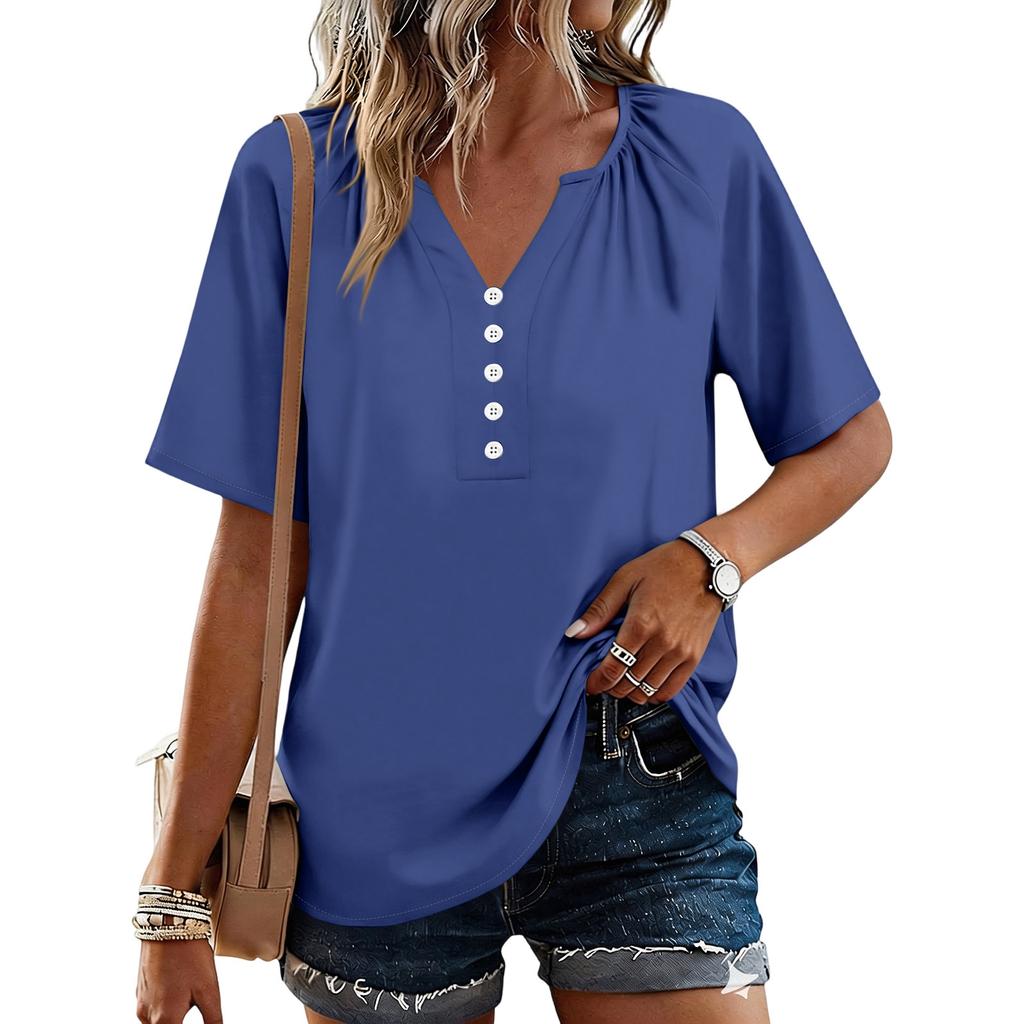 Modisches Lässiges Damen Oberteil mit Knopfleiste und V-Ausschnitt, kurzärmlig