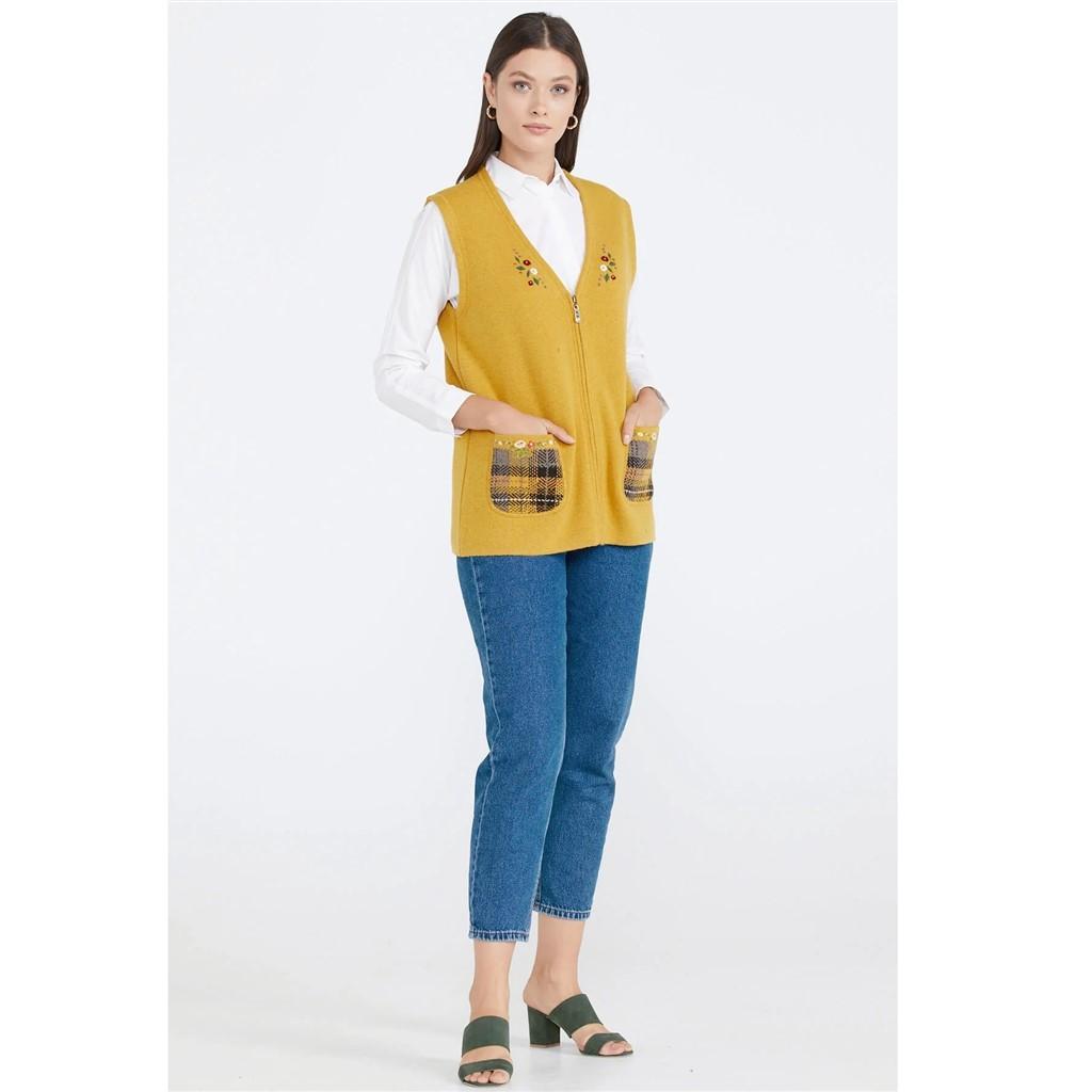 Sementa Embroidery Detailed Pocket Zippered Wool Knitwear Women's Vest