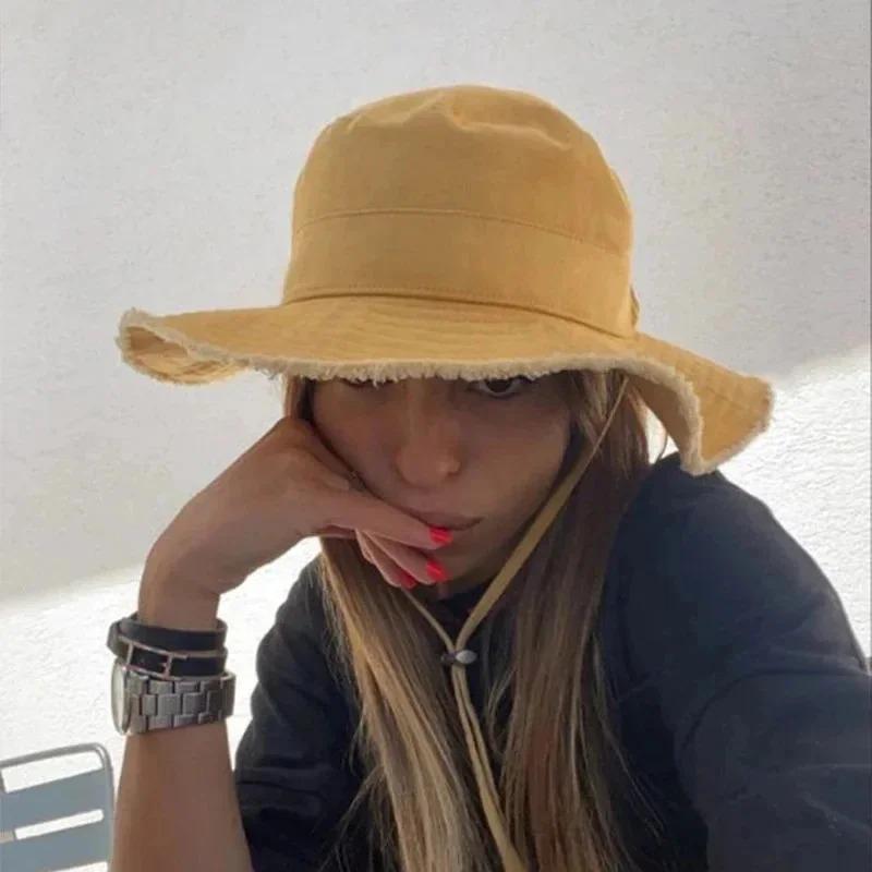 Designer Fisherman Hat Personalized Trend Letters Wide Eave Cap Summer Solid Color Sunproof Hanging Rope Bucket Hat for Adults