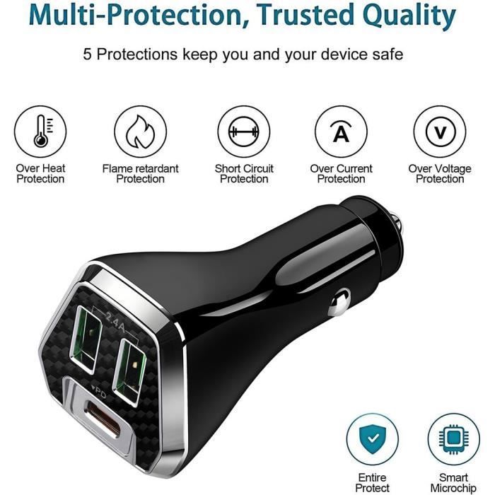 Universal Car Charger Phone, USB-C and USB-A, Cigarette Lighter Black