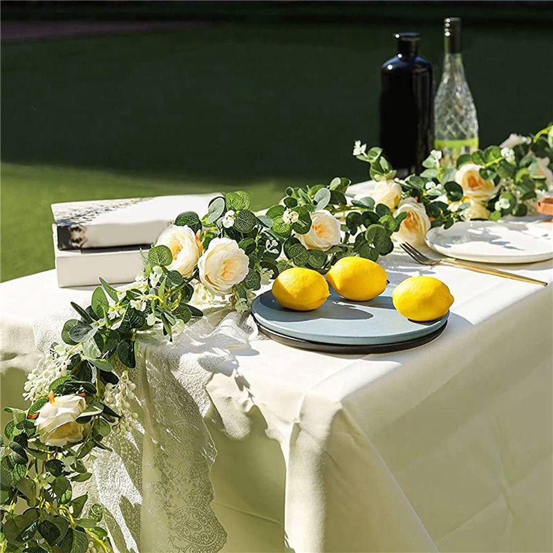 A84E-4 Pack Eucalyptus Garland With Champagne Rose, Greenery Garland Bulk Artificial Silk Floral Eucalyptus Leaves Vines(A)