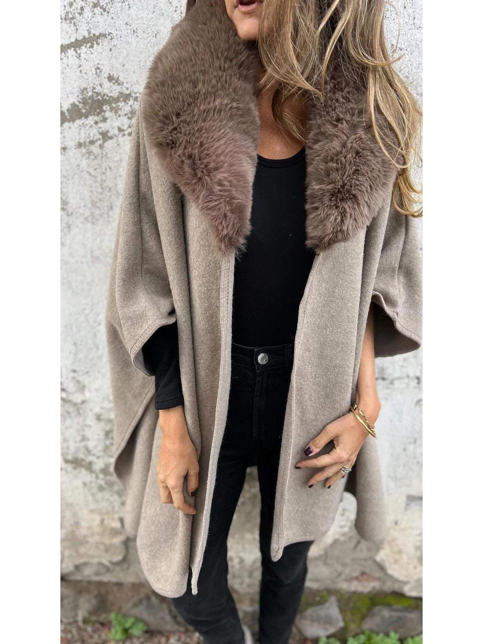 

Европейское и американское женское осенне-зимнее пальто-накидка с длинными рукавами и меховым воротником L хаки