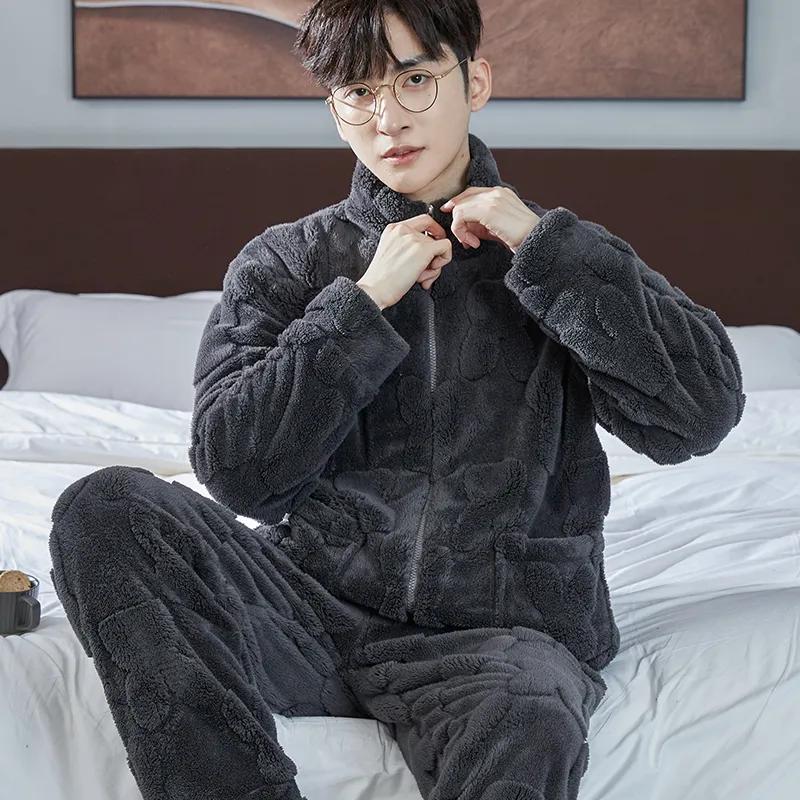 Conjuntos de pijamas quentes e grossos de outono e inverno masculinos, conjuntos de 2 peças de flanela, roupa de dormir masculina, roupa de dormir macia, pijama loungewer