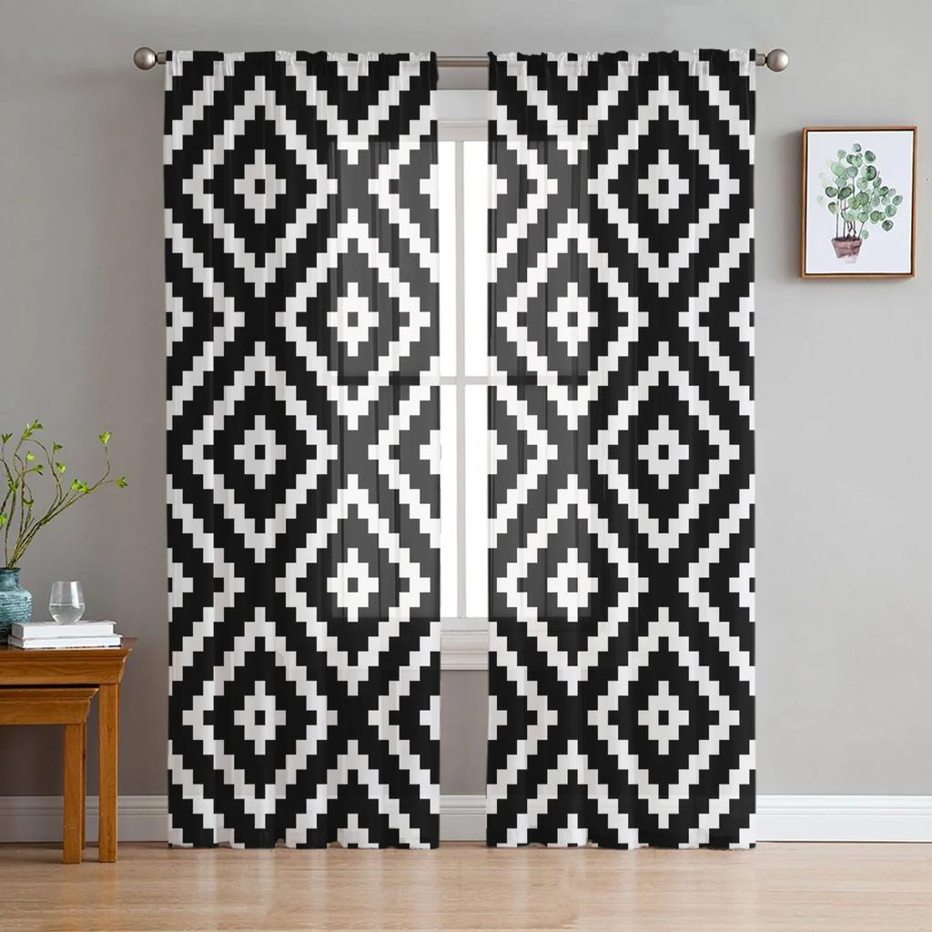 Geometric Square Texture Black White Sheer Curtains for Living Room Decoration Window Curtain Kitchen Tulle Voile Organza Drapes