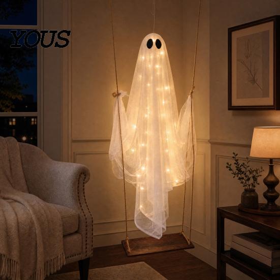 Swinging Ghost Light Halloween Decoration, Large Hanging Swing with LED String Lights, Button Battery Powered Figure for Outdoor Indoor Party