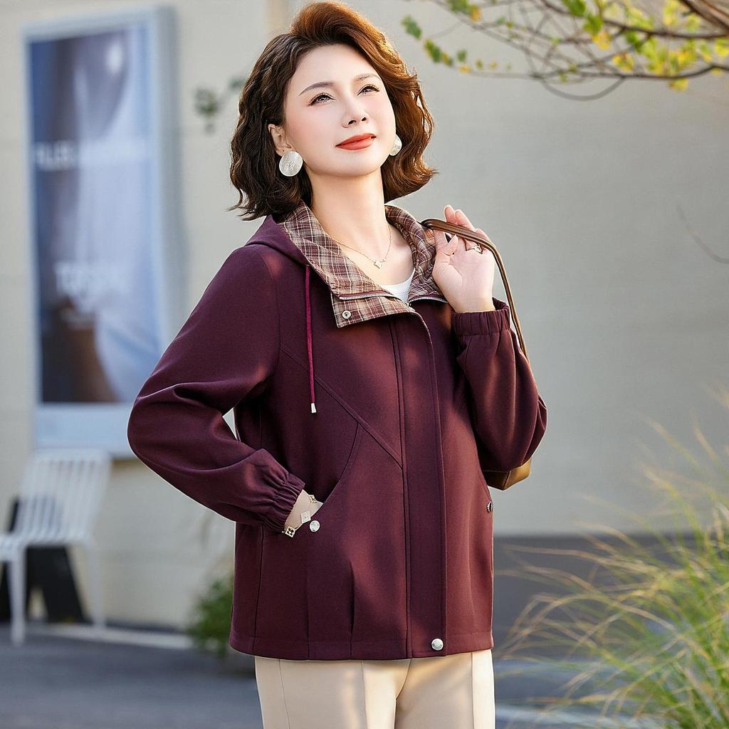 Stylish Plaid Hooded Jacket for Middle-Aged Women - Age-Reducing Spring Fashion