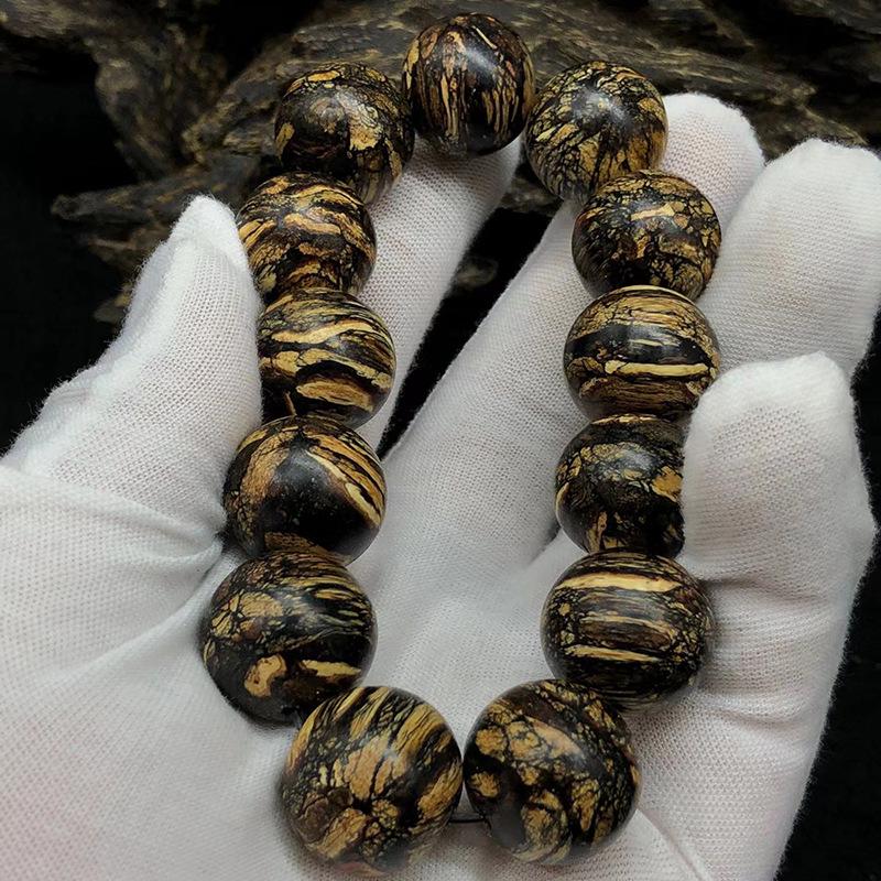 Vietnamese Nha Trang Agarwood Tiger Stripe Qinan Beads Bracelet - 20mm, 12 High Oil Striped Beads, Natural Buddhist Hand String