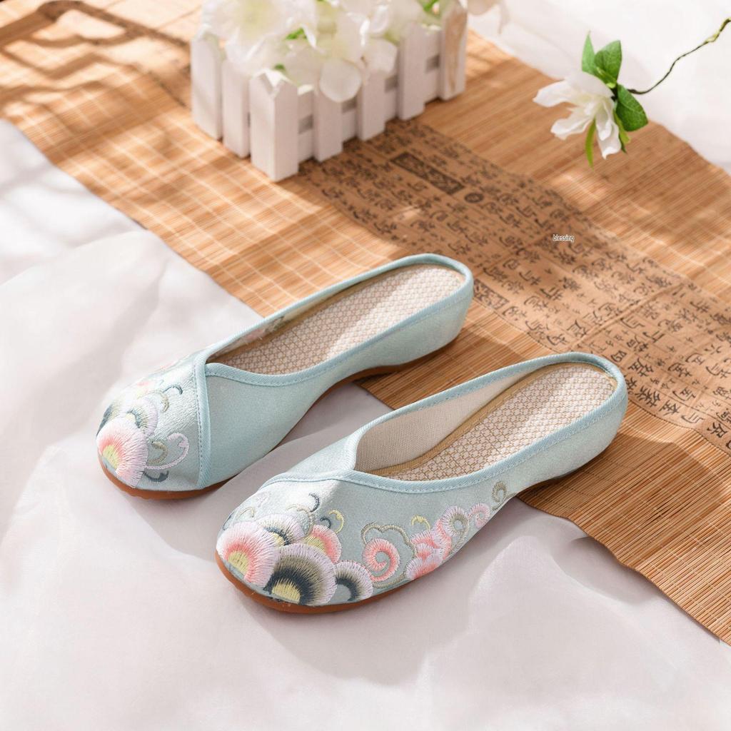 Bihai 2024 Satin Embroidered Low-Heel Slippers - Elegant Soft-Sole Wedding Shoes for Women, Perfect with Cheongsam.