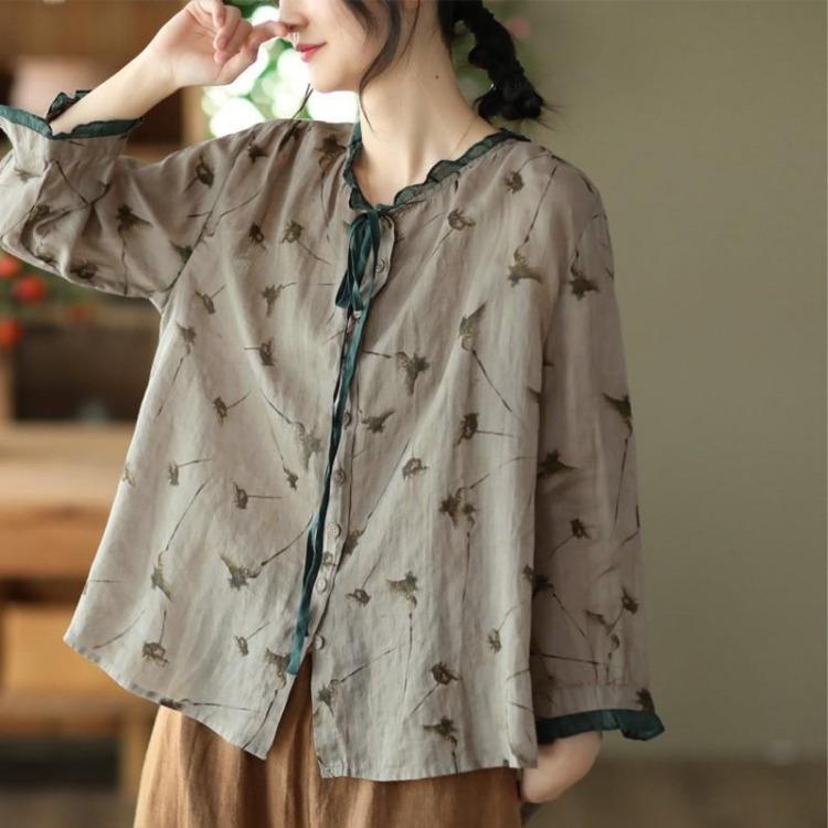 Vintage Chinese Style Floral Print Ramie Blouses Women Long Sleeve Button Tops Fall Shirts