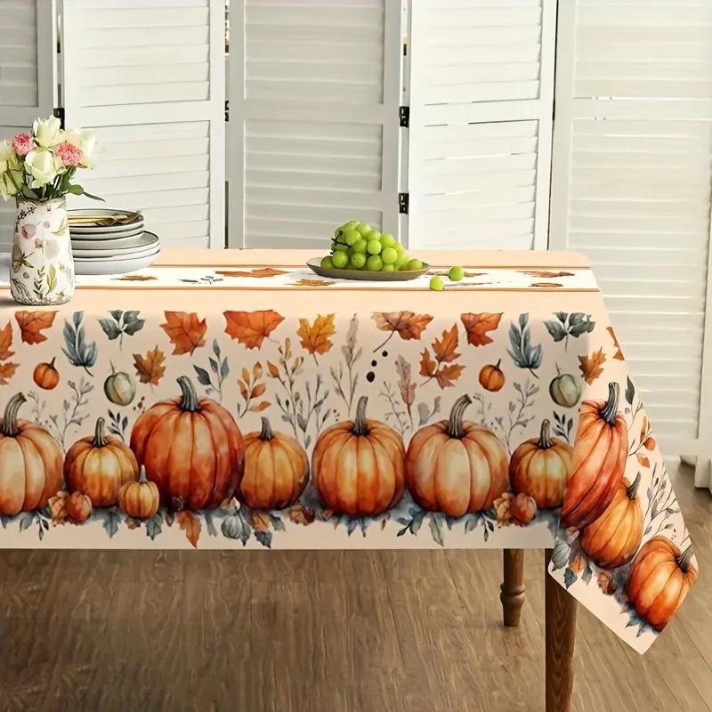 met Stropdas Herfst Oogst Tafelkleed, Pompoen & Vallende Bladeren Ontwerp - Rechthoekig, Machine Wasbaar, Perfect voor Thanksgiving 100x145cm