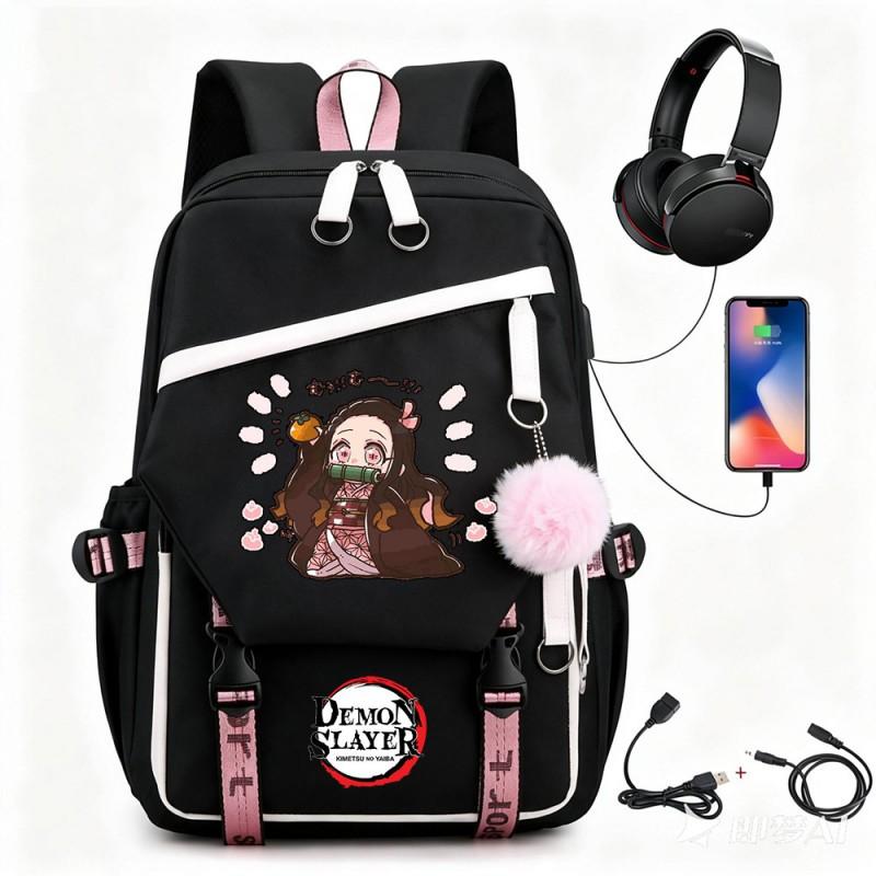 Anime Printed Canvas Backpack With USB Charging Port Teens Students School Travel Unisex