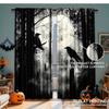2PCS Digital Printed Curtains, Black White Forest Two Crows Full Moon Mist, Gothic Dark Woodland Silhouette Window Decor Room