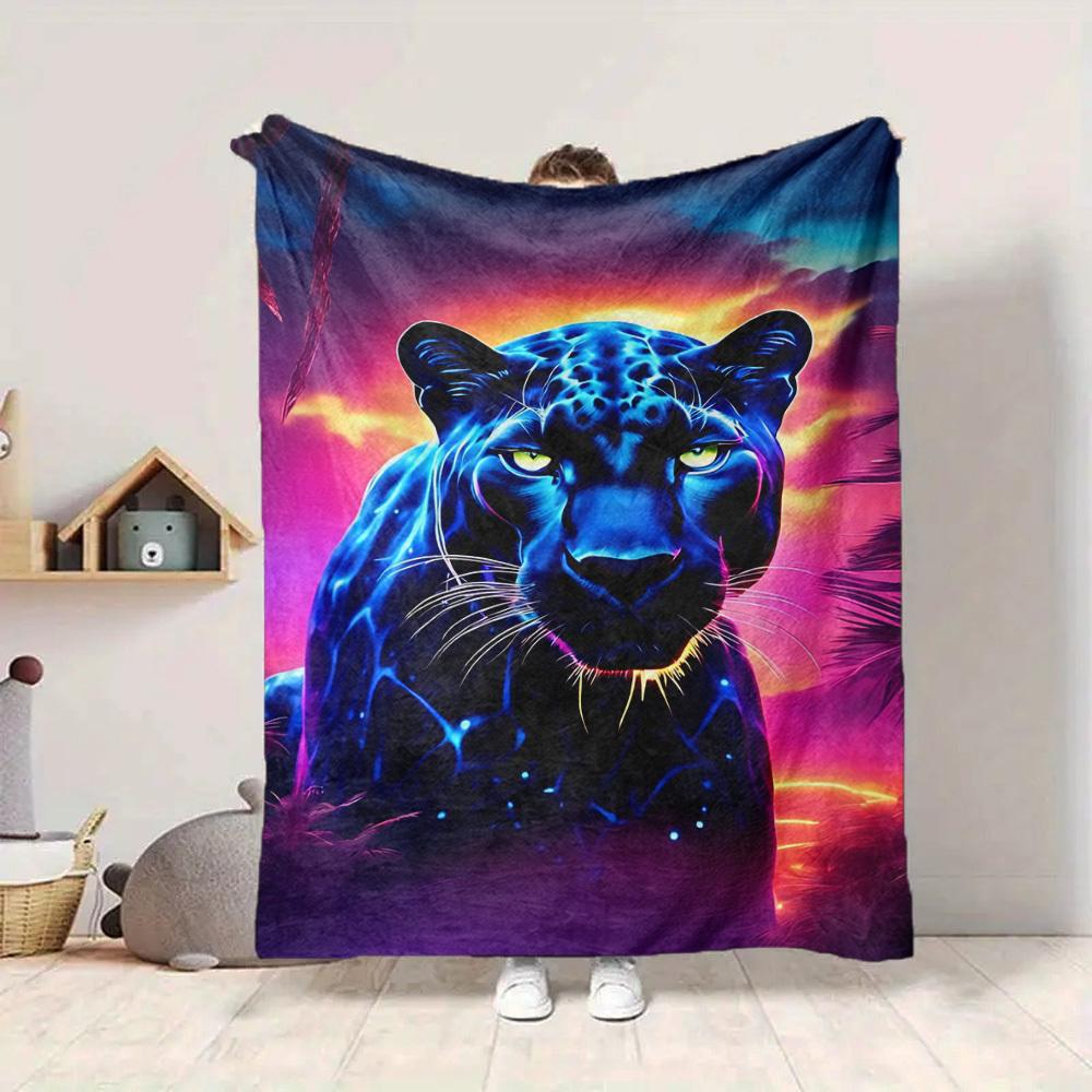 1pc Neon Panther Print Blanket Lightweight Flannel Blanket Throw Blanket For Sofa, Bed, Travel, Camping, Livingroom, Office Yy251015197