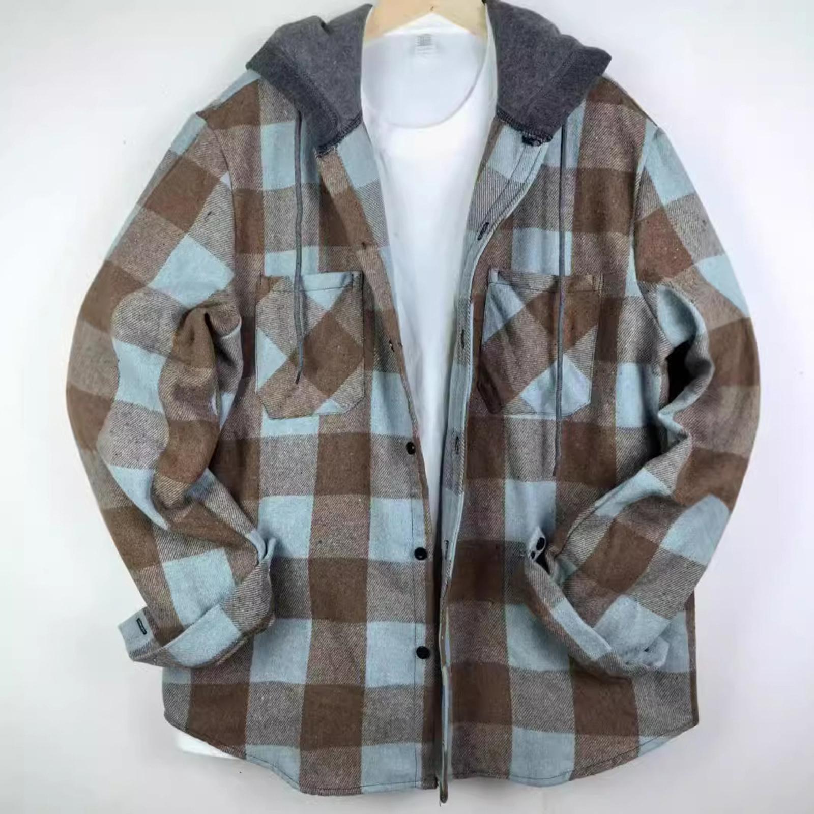 

Мужской полосатый клетчатый повседневный свободный кардиган-рубашка с капюшоном на пуговицах с лацканами и длинными рукавами L синий