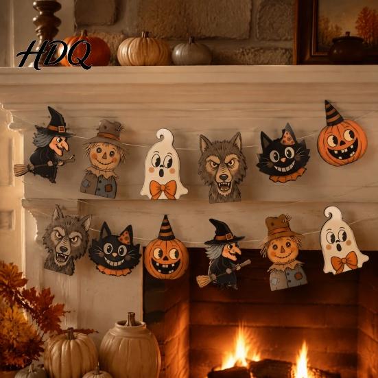 Haunted House Supplies 12Pcs Vintage Halloween Decor Wood Banner Retro Hanging Banner Garland Bunting DIY Party Decorations Decorations Spooky
