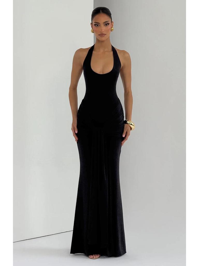 2026 European & American Women's Sleeveless U-Neck Slim-Fit Evening Gown with Waist-Cinched Ribbon