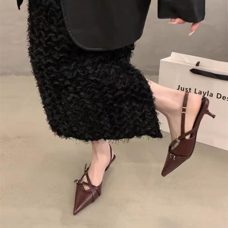 Fashion Female Buckle Strap Pumps Wine Red Footwear Women Medium Heels Shoes 2025 Fashion Shallow Pointed Toe Ladies Heels Shoes
