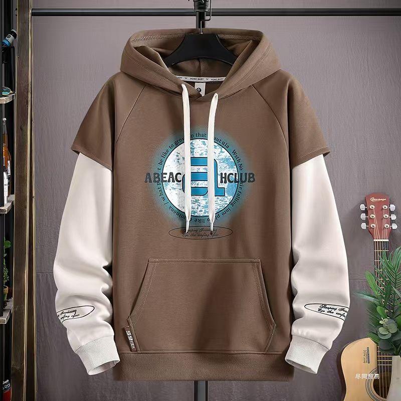 Men's Trendy Letter Print Hooded Sweatshirt - Spring & Autumn Faux Two-Piece Casual Sports Jacket
