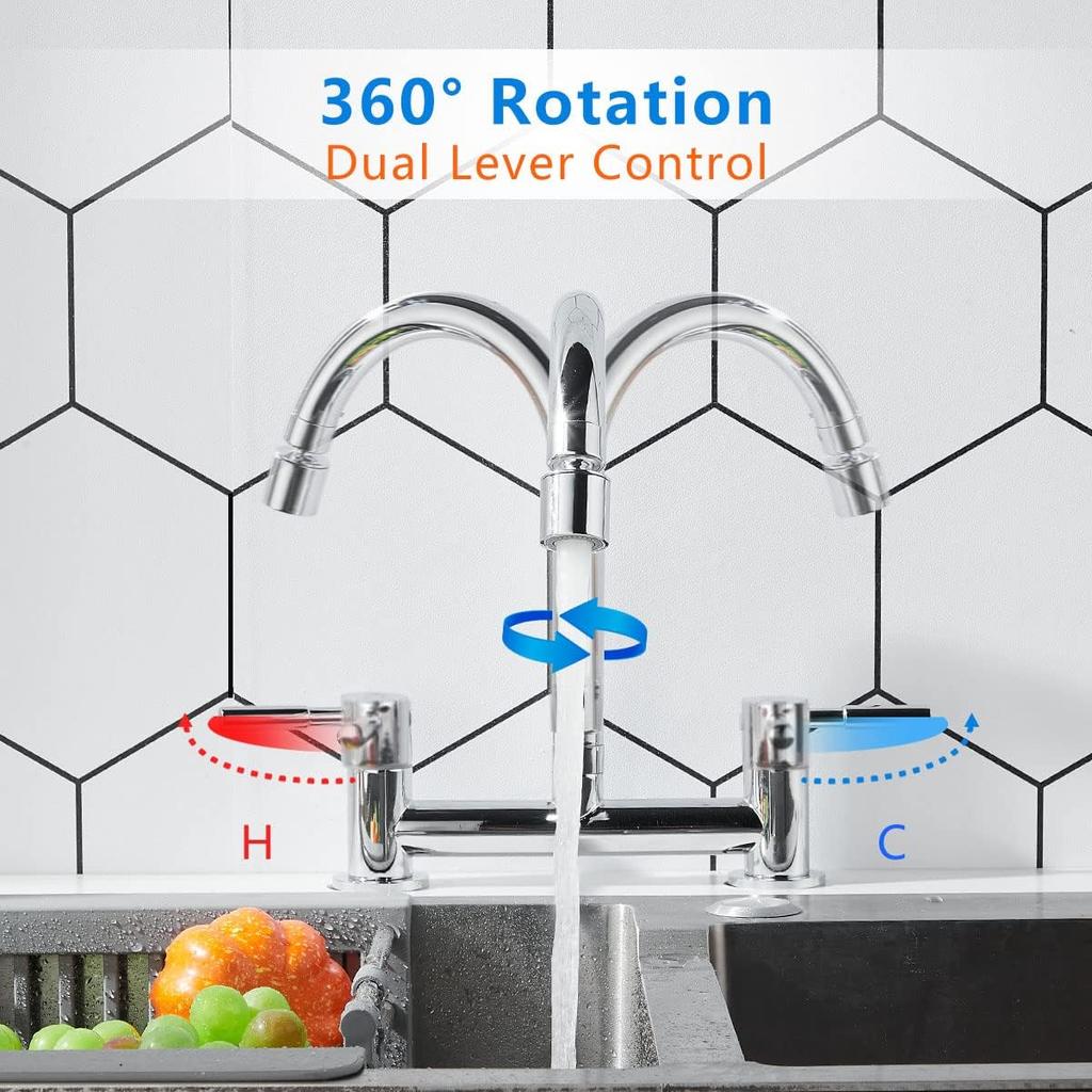 Kitchen Bridge Mixer Taps with 360° Swivel Spout, 2 Hole Sink Mixer Taps Dual Levers Faucet, 180 mm Centers Deck Mounted Chrome Sink Tap 2 Function