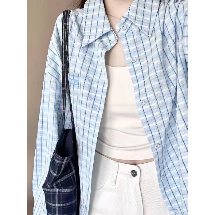 

Дизайн в корейском стиле, Нишевая синяя клетчатая рубашка, Женская куртка для защиты от солнца, Тонкая свободная трендовая брендовая рубашка с длинным рукавом для весны и лета XL синий