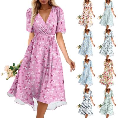 Women's Summer Loose V Neck Short Sleeve Dress, Elegant Dress