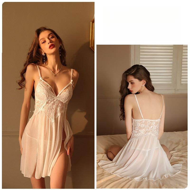 Sexy Mesh Deep V Lace Pajama Set Side Slit Cami Nightgown Two-Piece Loungewear 311 Complete Flirty Sleepwear Set with Alluring Side Slit Design