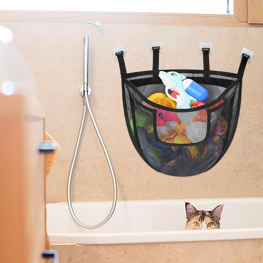 Bath Toy Organizer with 4 Hooks Easy to Install Mesh Bag Bathroom Holder Black