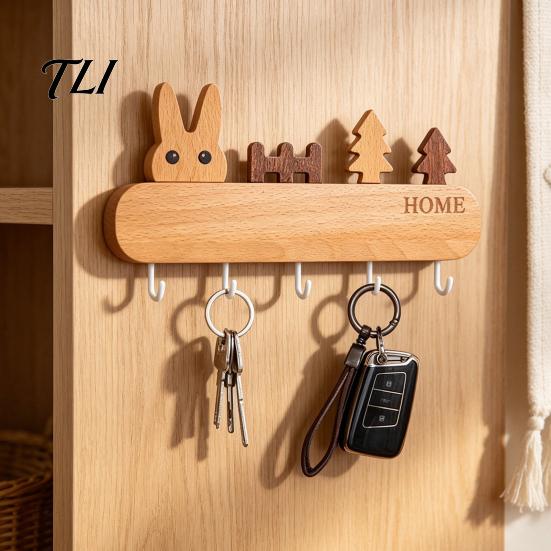 Heavy Duty Screw Fixation Hooks Wooden Key Holder with 5 Hooks, Cartoon House Theme Organizer, Multi Entryway Wall Storage Purpose Hanging Rack