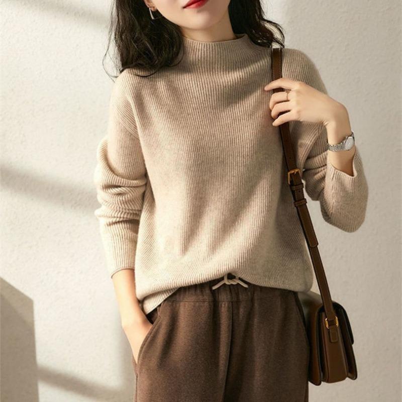 Solid Color Casual Versatile Pullover Sweater with Women's Autumn and Winter New Thin Semi-turtleneck Knitted Bottoming Shirt Top Tide
