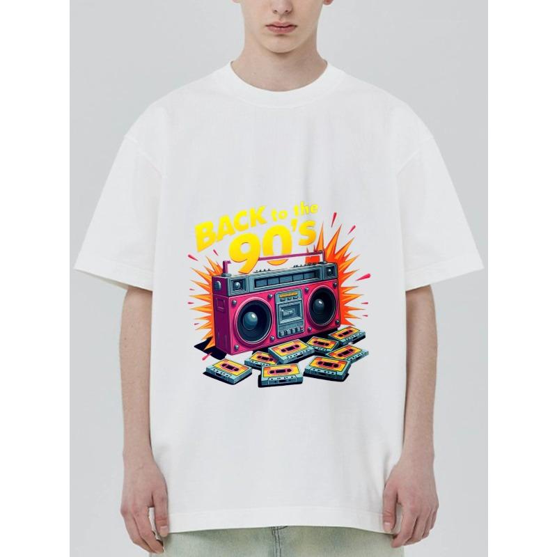 Back To The 90s T Shirt Black Boombox and Cassette Tape Print Retro Party Wear